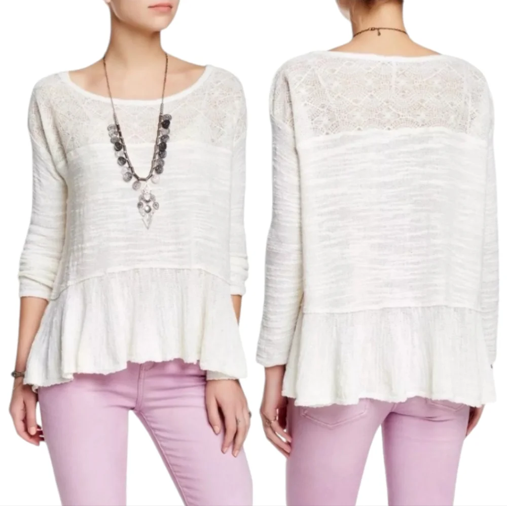 Free People Kristobel Ruffled Lagan Knit Sweater,‎ Cream, size XS